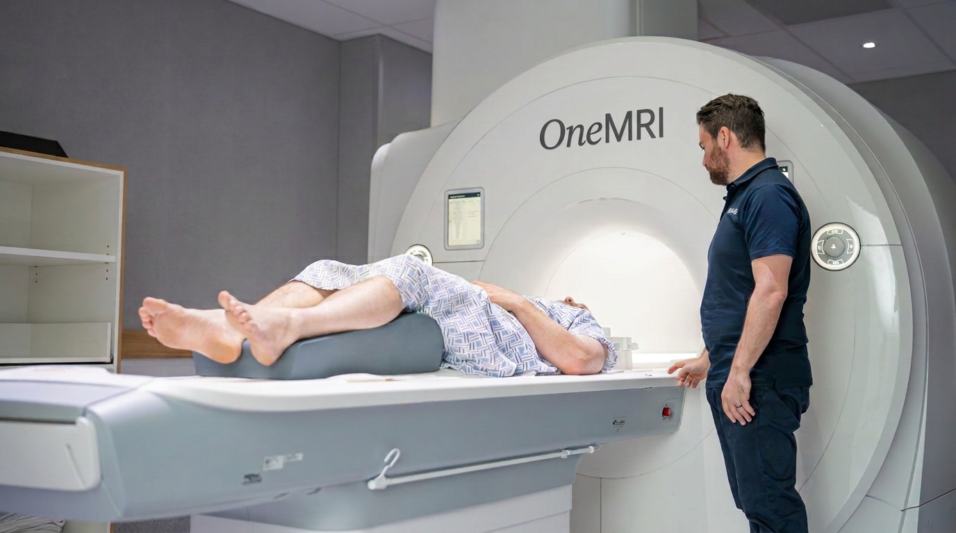 Patient undergoing an MRI scan with a OneMRI branded scanner